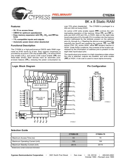 Cypress CY6264 Static RAM Preliminary Manual - cover page