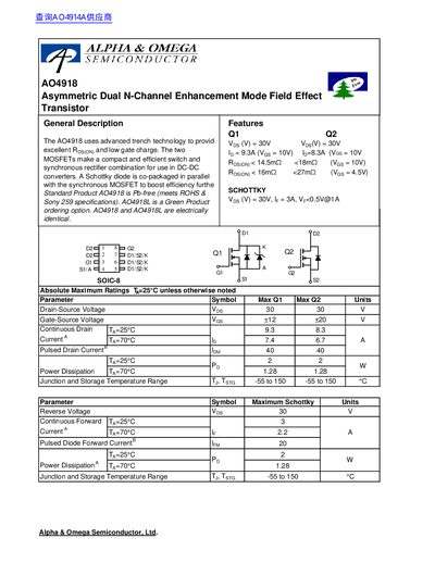 Alpha Omega Semiconductor AO4918 Asymmetric Dual N-Channel Enhancement Mode FET Datasheet - cover page