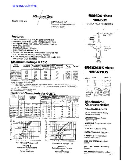 Microsemi 1N6626 thru 1N6631 Ultra Fast Rectifiers Datasheet - cover page