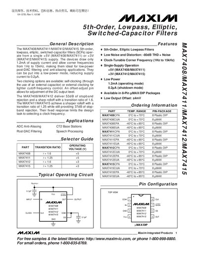Maxim MAX7408/MAX7411/MAX7412/MAX7415 Switched‑Capacitor Filter Datasheet - cover page