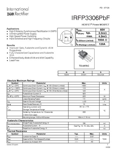 International Rectifier IRFP3306PbF Power MOSFET Datasheet - cover page