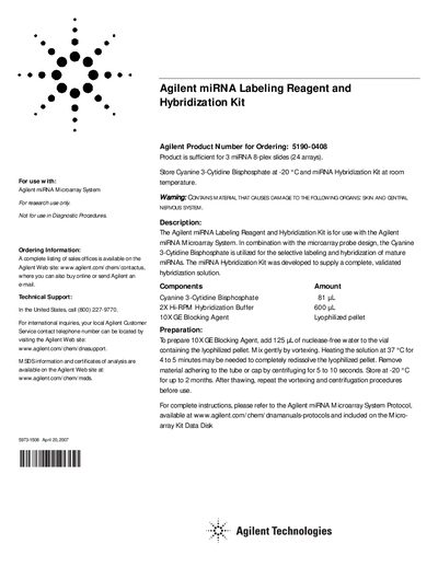 Agilent miRNA Labeling Reagent and Hybridization Kit Ordering Information - cover page