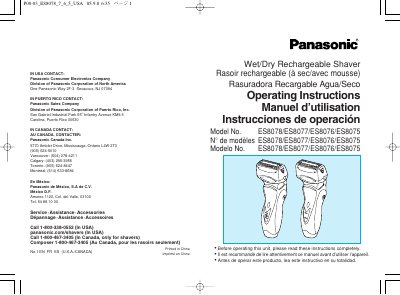 Panasonic ES8078/ES8077/ES8076/ES8075 Wet/Dry Rechargeable Shaver Operating Instructions - cover page