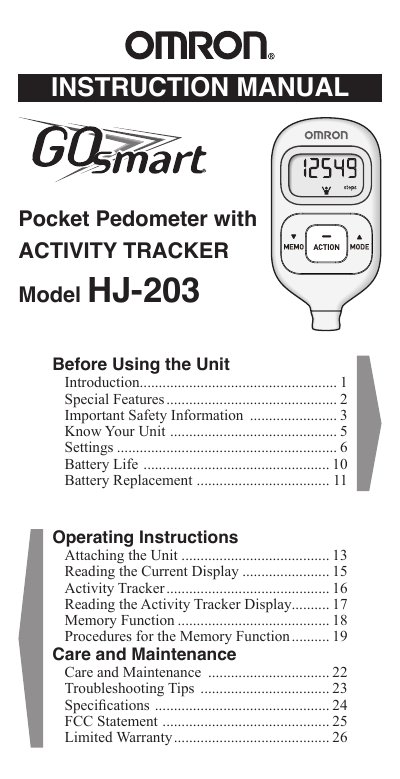 Omron HJ-203 Pocket Pedometer Instruction Manual - cover page