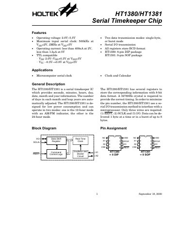 Holtek HT1380/HT1381 Serial Timekeeper Chip Datasheet - cover page