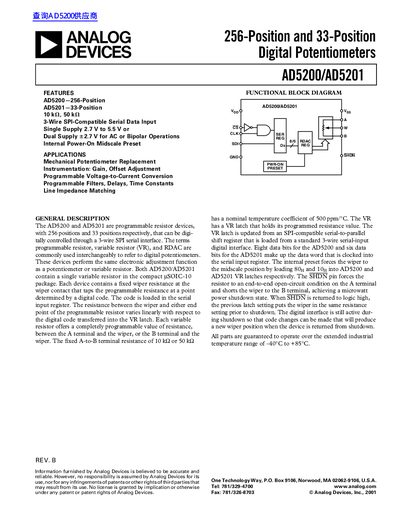 Analog Devices AD5200/AD5201 Digital Potentiometer Datasheet