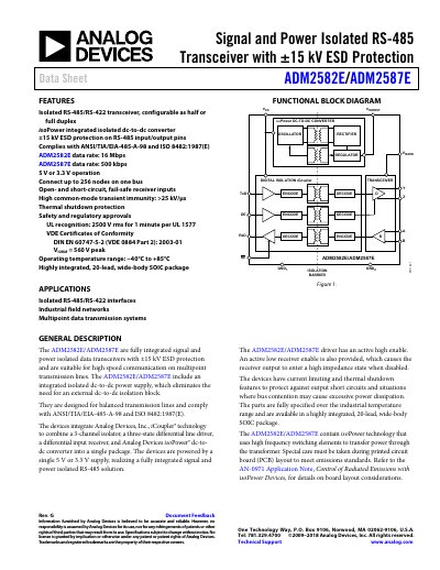 Analog Devices ADM2582E/ADM2587E Signal and Power Isolated RS-485 Transceiver Data Sheet