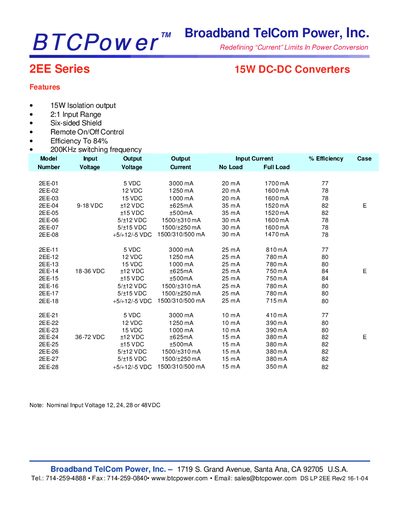 Broadband TelCom Power 2EE Series 15W DC-DC Converters Datasheet - cover page