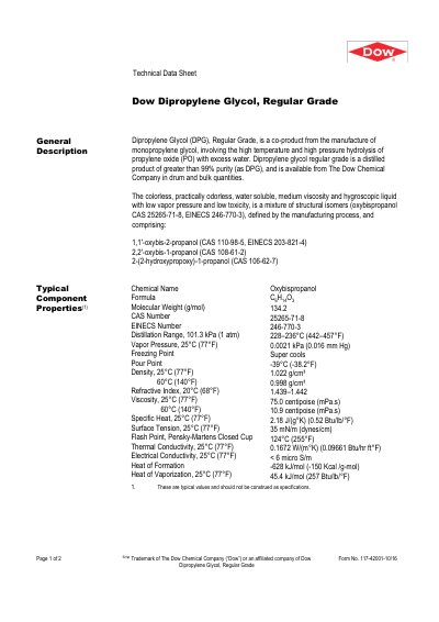 Dow Dipropylene Glycol Regular Grade Datasheet - cover page