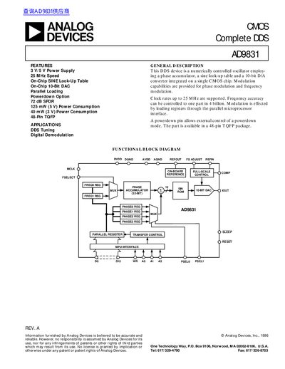 ANALOG DEVICES CMOS Complete DDS AD9831 handbook - cover page