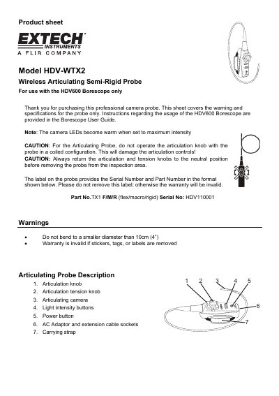 Extech HDV-WTX2 Wireless Articulating Semi-Rigid Probe Product Sheet - cover page