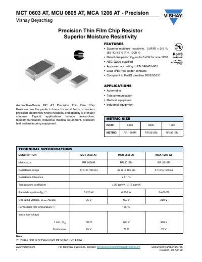 Vishay MCT 0603 AT, MCU 0805 AT, MCA 1206 AT Precision Thin Film Chip Resistor Datasheet
