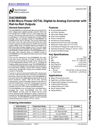 National Semiconductor DAC088S085 8-Bit Micro Power OCTAL Digital-to-Analog Converter with Rail-to-Rail Outputs handbook - cover page