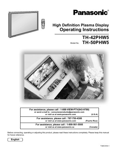 Panasonic TH-42PHW5/TH-50PHW5 Plasma Display Operating Instructions - cover page