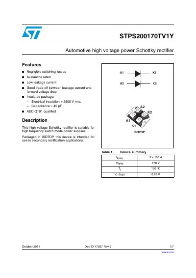 STMicroelectronics STPS200170TV1Y Automotive High Voltage Power Schottky Rectifier Datasheet