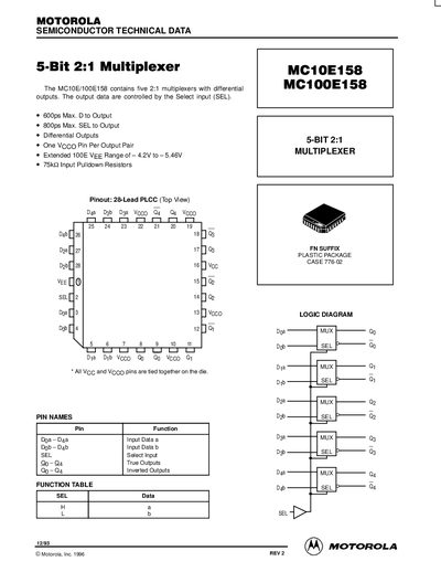 Motorola MC10E158/MC100E158 5-Bit Multiplexer Datasheet - cover page