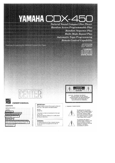 Yamaha CDX-450 Compact Disc Player Owner's Manual - cover page