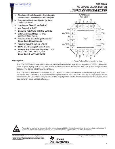 Texas Instruments CDCP1803 1:3 LVPECL Clock Buffer Datasheet - cover page