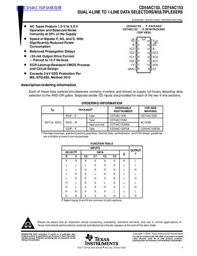 Texas Instruments CD54AC153, CD74AC153 Dual 4-Line to 1-Line Data Selectors/Multiplexers Datasheet - cover page