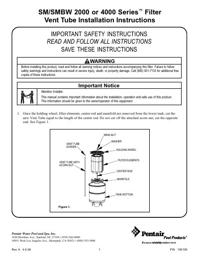 Pentair SM/SMBW 2000 or 4000 Series Filter Vent Tube Installation Instructions - cover page