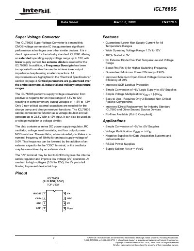 Intersil ICL7660S Super Voltage Converter Datasheet - cover page