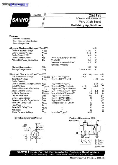 SANYO 2SJ193 P-Channel MOS Silicon FET Datasheet - cover page