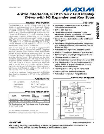 Maxim MAX6954 LED Display Driver Datasheet - cover page