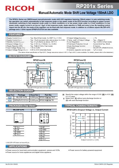Ricoh RP201x Series 150mA CMOS LDO Regulator Datasheet - cover page