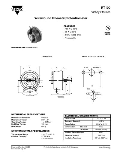 Vishay RT100 Wirewound Rheostat/Potentiometer Handbook