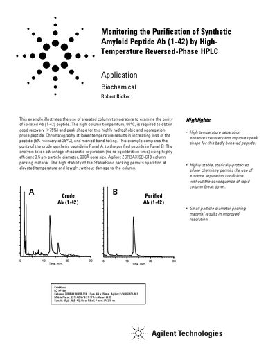 Agilent Application Note: Monitoring Purification of Synthetic Amyloid Peptide Ab (1-42) by High Temperature RP-HPLC - cover page