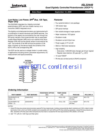 Intersil ISL22449 Quad Digitally Controlled Potentiometer Datasheet - cover page