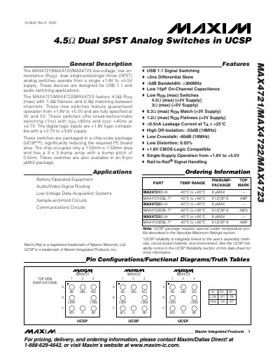 Maxim MAX4721/MAX4722/MAX4723 Dual SPST Analog Switches Datasheet - cover page