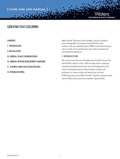 Waters Gen-Pak FAX Column Care and Use Manual - cover page
