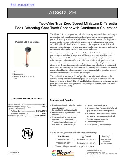 Allegro ATS642LSH Two-Wire True Zero Speed Sensor Datasheet - cover page