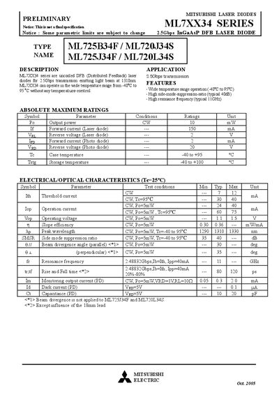 Mitsubishi ML7XX34 Series 2.5Gbps InGaAsP DFB Laser Diode Datasheet - cover page