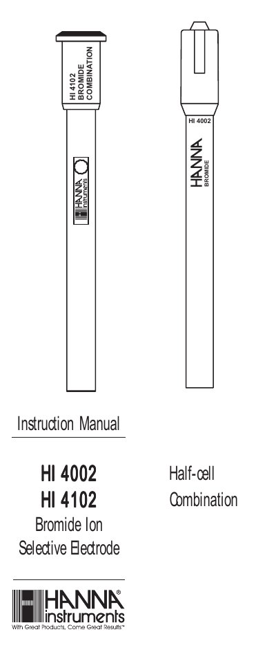 Hanna Instruments HI 4002/HI 4102 Bromide Ion Selective Electrode Instruction Manual - cover page