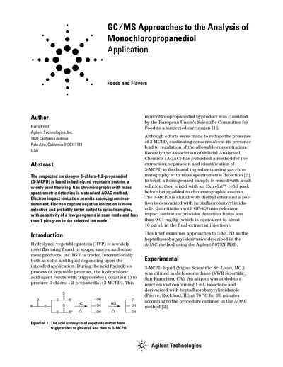 Agilent 5973N MSD Analysis of Monochloropropanediol Application Note - cover page