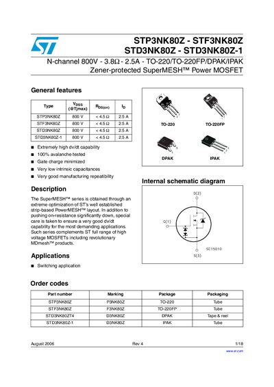 STMicroelectronics STP3NK80Z / STF3NK80Z / STD3NK80Z / STD3NK80Z-1 Datasheet - cover page