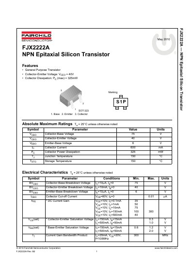 Fairchild Semiconductor FJX2222A NPN Epitaxial Silicon Transistor Datasheet - cover page