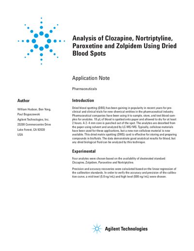 Agilent Analysis of Clozapine Nortriptyline Paroxetine Zolpidem Using Dried Blood Spots Application Note - cover page