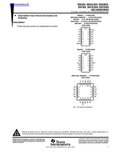 TEXAS INSTRUMENTS SN5404 SN54LS04 SN54S04 SN7404 SN74LS04 SN74S04 HEX INVERTERS handbook - cover page
