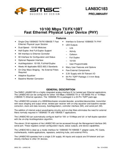 SMSC LAN83C183 Fast Ethernet PHY Datasheet