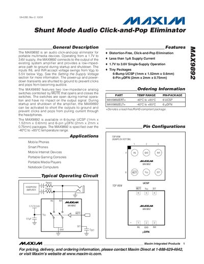 Maxim Integrated MAX9892 Shunt Mode Audio Click-and-Pop Eliminator Datasheet - cover page