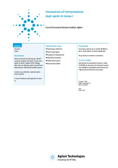 Agilent Introduction to Mass Spectra Interpretation Course Material - cover page