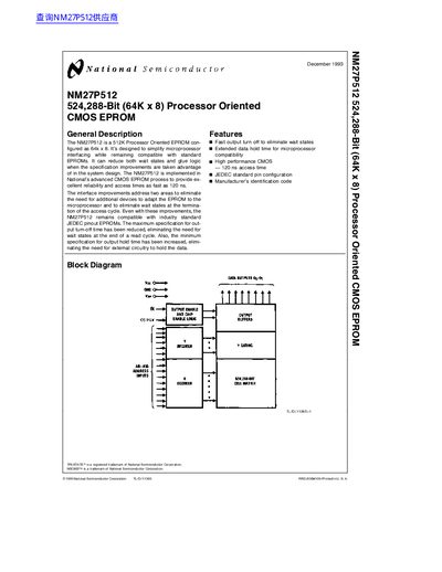 National Semiconductor NM27P512 524 288-Bit (64K x 8) Processor Oriented CMOS EPROM handbook - cover page