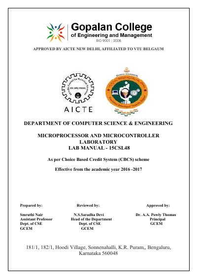 Gopalan College Microprocessor Lab Manual 15CSL48 - cover page