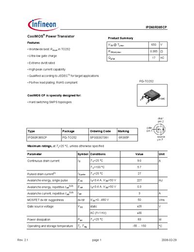 Infineon IPD60R385CP Power Transistor Datasheet - cover page
