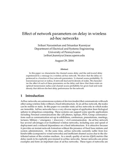 Effect of network parameters on delay in wireless ad‑hoc networks - cover page