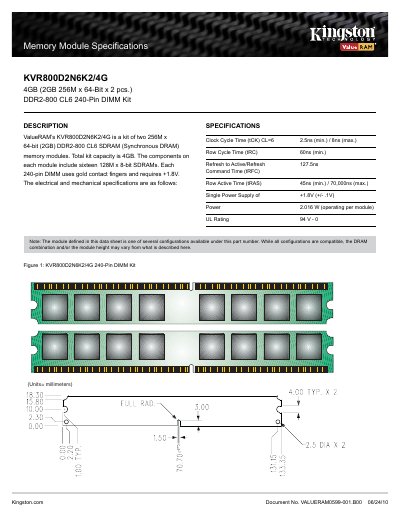 Kingston KVR800D2N6K2/4G ValueRAM Memory Module Datasheet - cover page