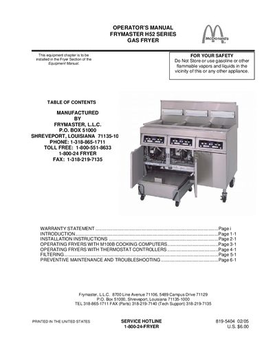 Frymaster H52 Series Gas Fryer Operator's Manual - cover page